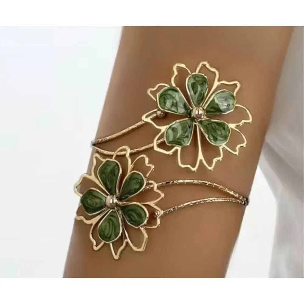 Zara Gold Green Floral Open Cuff Bracelet Enamel Flower Statement Boho NWOT